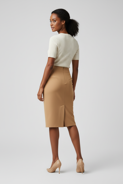 Jupe Crayon Camel Unie Élégante