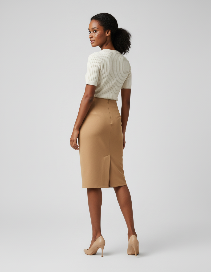 Jupe Crayon Camel Unie Élégante