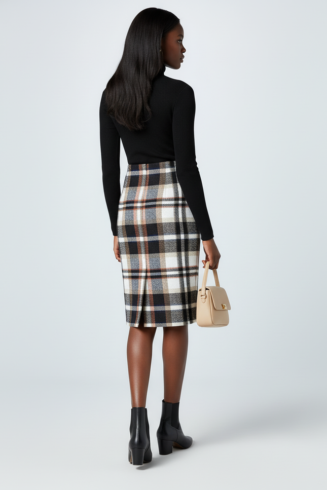Jupe Crayon Plaid Laine Chic