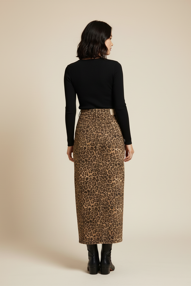 Jupe Crayon Denim Léopard Chic