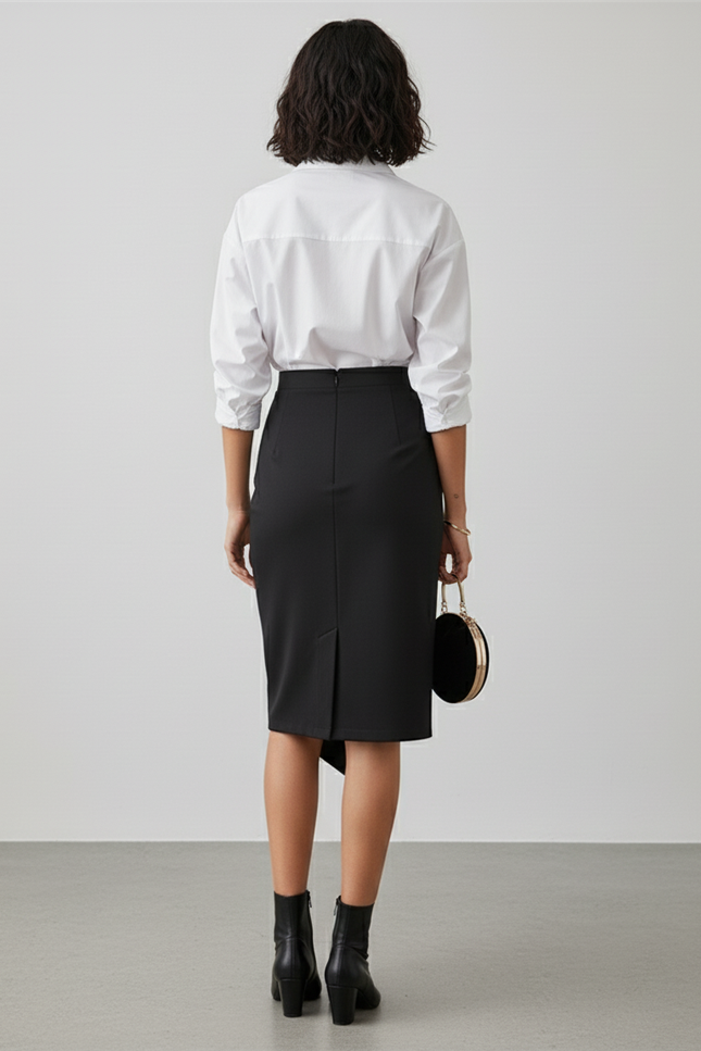 Jupe Crayon Noire Irrégulière Chic