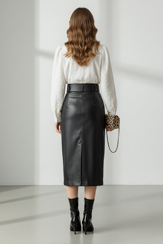 Jupe Crayon Similicuir Fendue Élégante