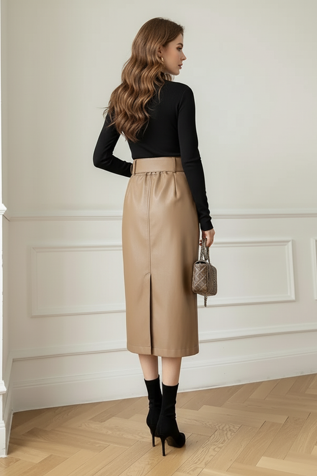 Jupe Crayon Camel Similicuir Chic