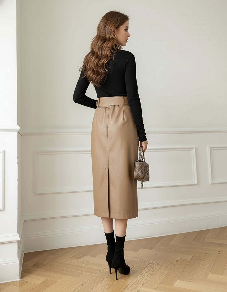 Jupe Crayon Camel Similicuir Chic