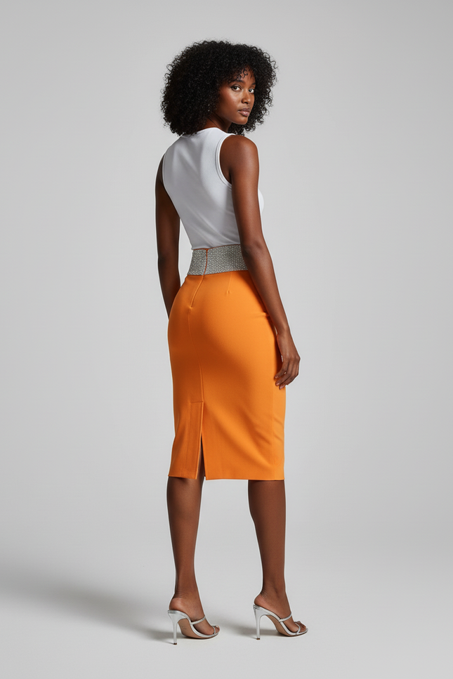 Jupe Crayon Orange Strass Chic