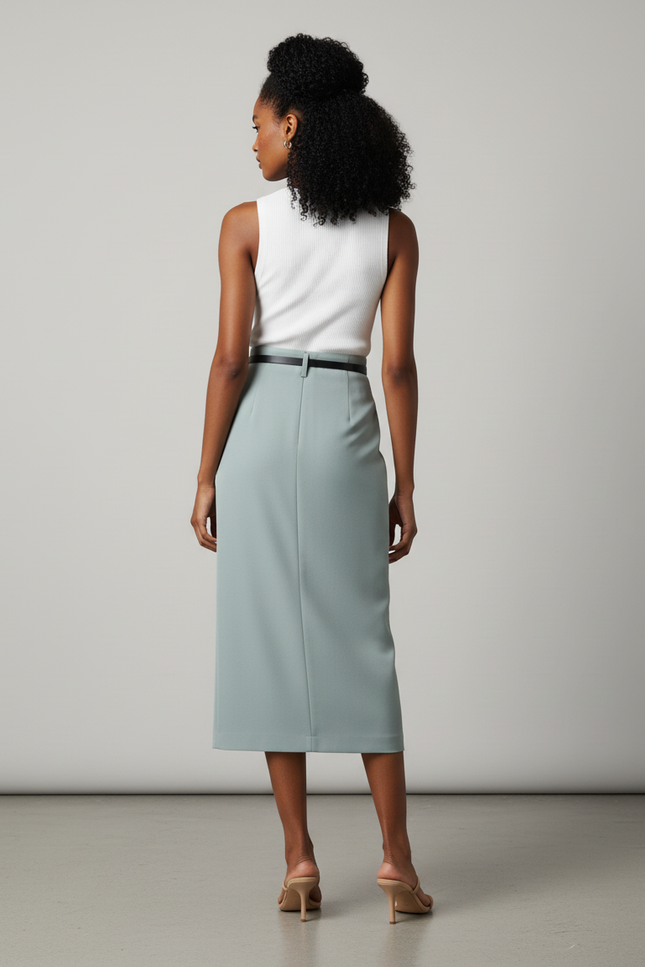 Jupe Crayon Vert D'Eau Fendue Élégante