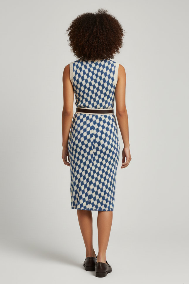 Jupe Crayon Tricotée Damier Bleu Chic