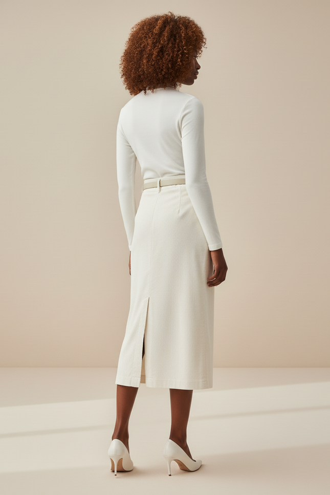 Jupe Crayon Crème Velours Côtelé Élégante