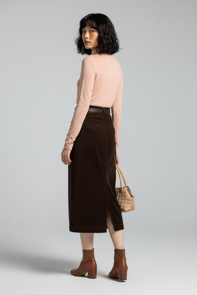 Jupe Crayon Marron Côtelée Élégante