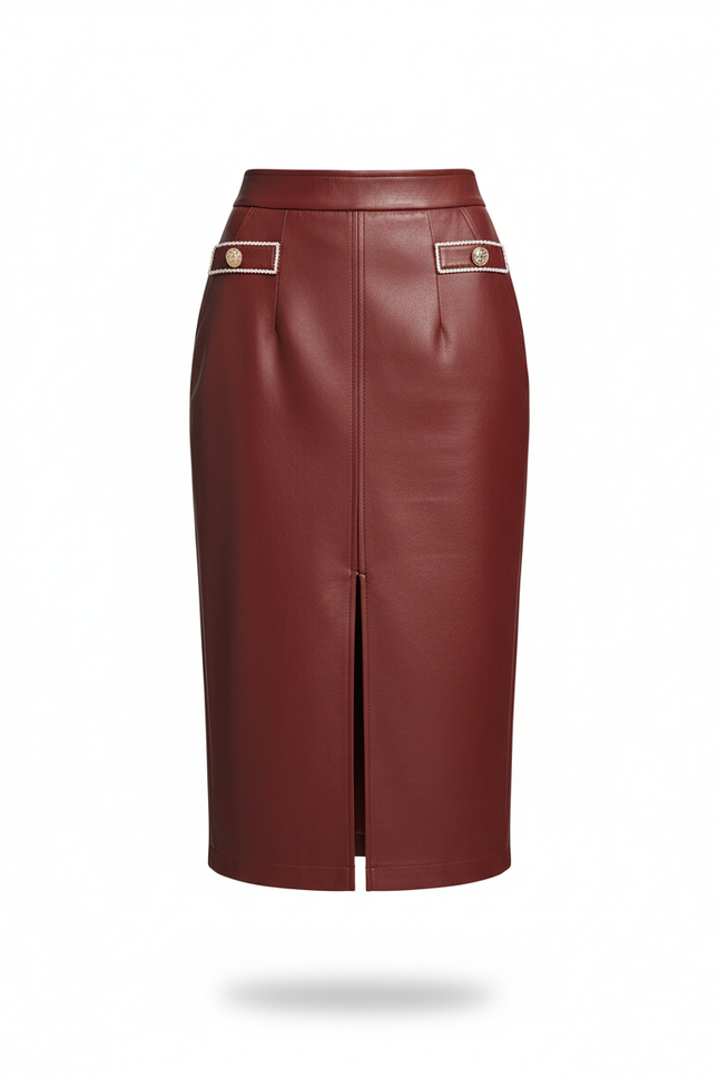 Jupe Crayon Simili Cuir Bordeaux
