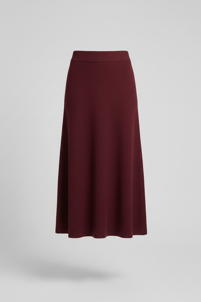 Jupe Crayon Bordeaux Maille Côtelée Élégante