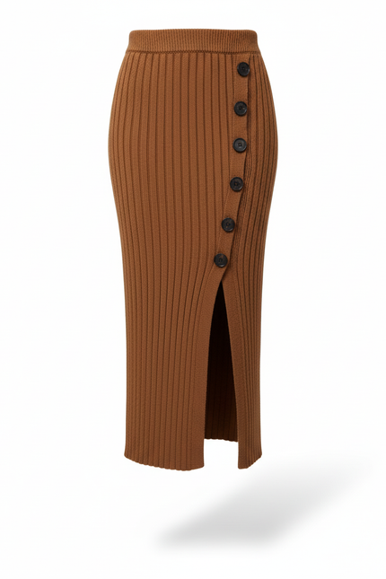 Jupe Crayon Côtelée Fente Boutonnée Chic