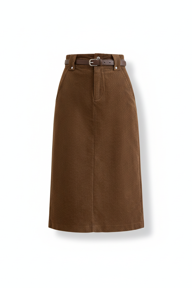 Jupe Crayon Velours Côtelé Marron Élégante