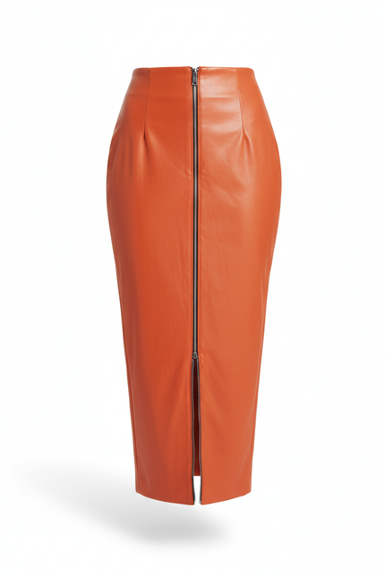 Jupe Crayon Orange Simili Cuir Élégante