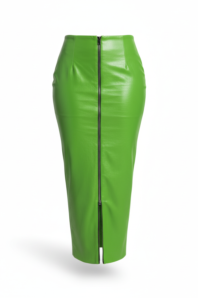 Jupe Crayon Longue Vert Vif Simili Cuir Chic