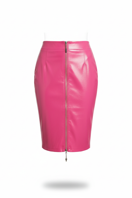 Jupe Crayon Rose Simili Cuir Brillante Élégante