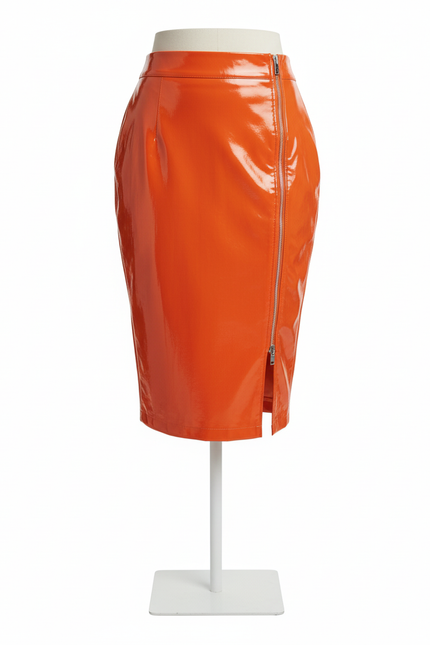 Jupe Crayon Orange Vernie Similicuir Élégante