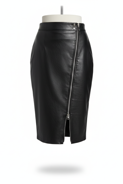 Jupe Crayon Similicuir Zip Asymétrique Élégante