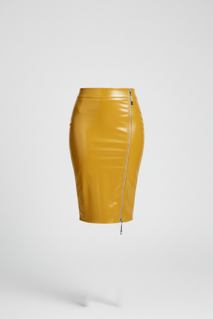 Jupe Crayon Similicuir Brillant Jaune Élégante