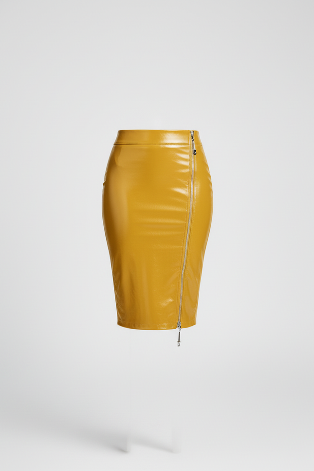 Jupe Crayon Similicuir Brillant Jaune Élégante