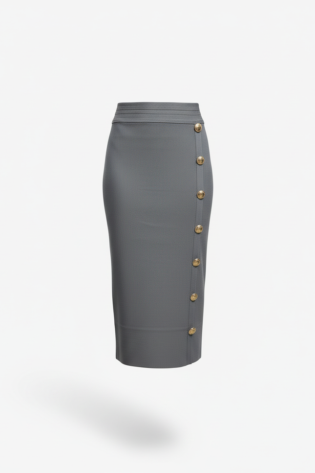 Jupe Crayon Grise Boutons Dorés Chic
