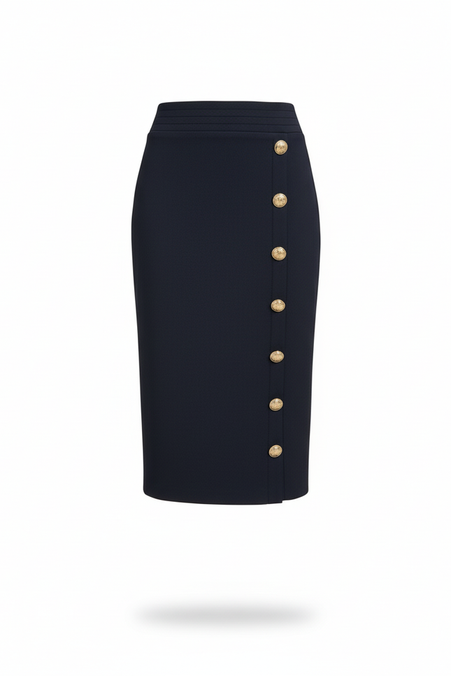Jupe Crayon Bleue À Boutons Dorés Chic