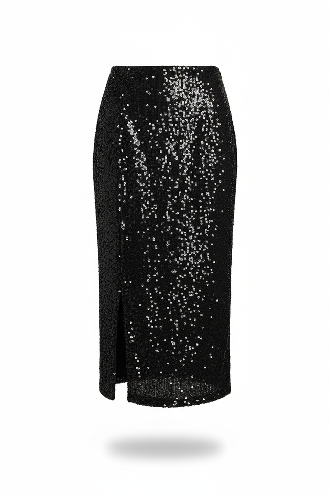 Jupe Crayon Noire Pailletée Fendue Élégante