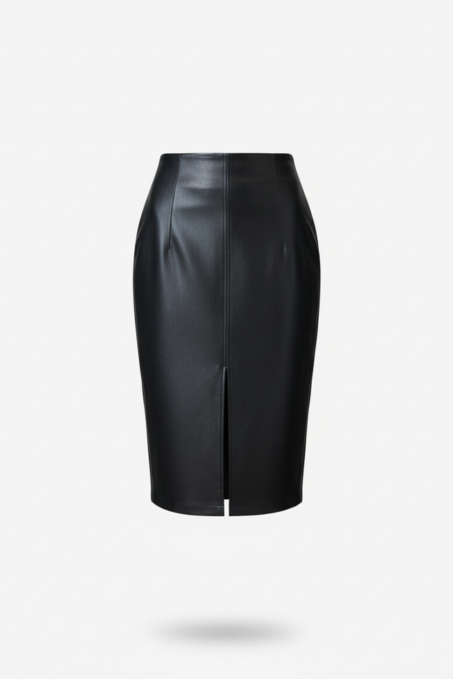 Jupe Crayon Simili Cuir Noire Fendue Chic