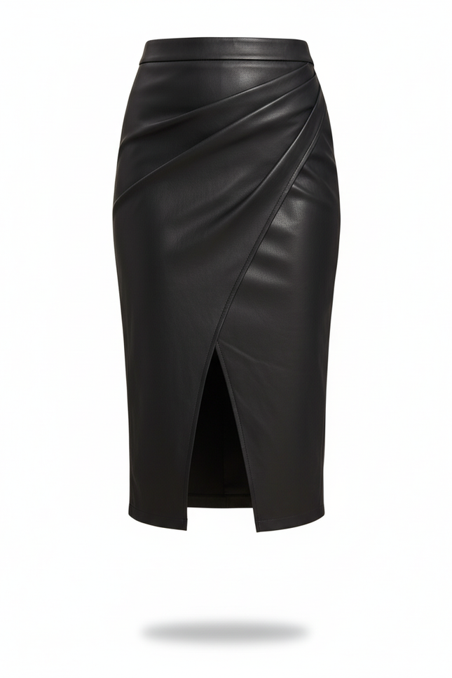 Jupe Crayon Similicuir Noire Drapée Chic