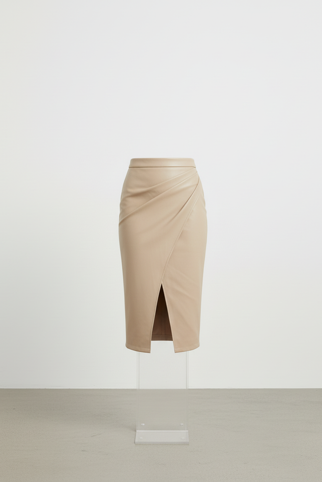 Jupe Crayon Beige Simili Cuir Élégante