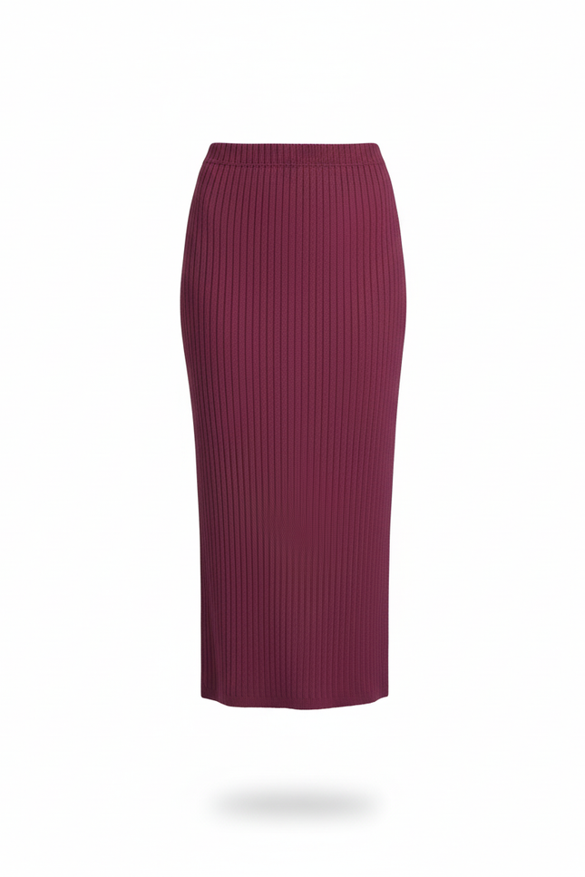 Jupe Crayon Bordeaux Maille Côtelée Élégante
