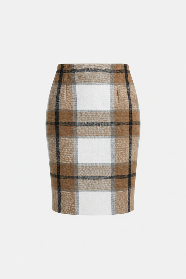 Jupe Crayon Plaid Beige Chic