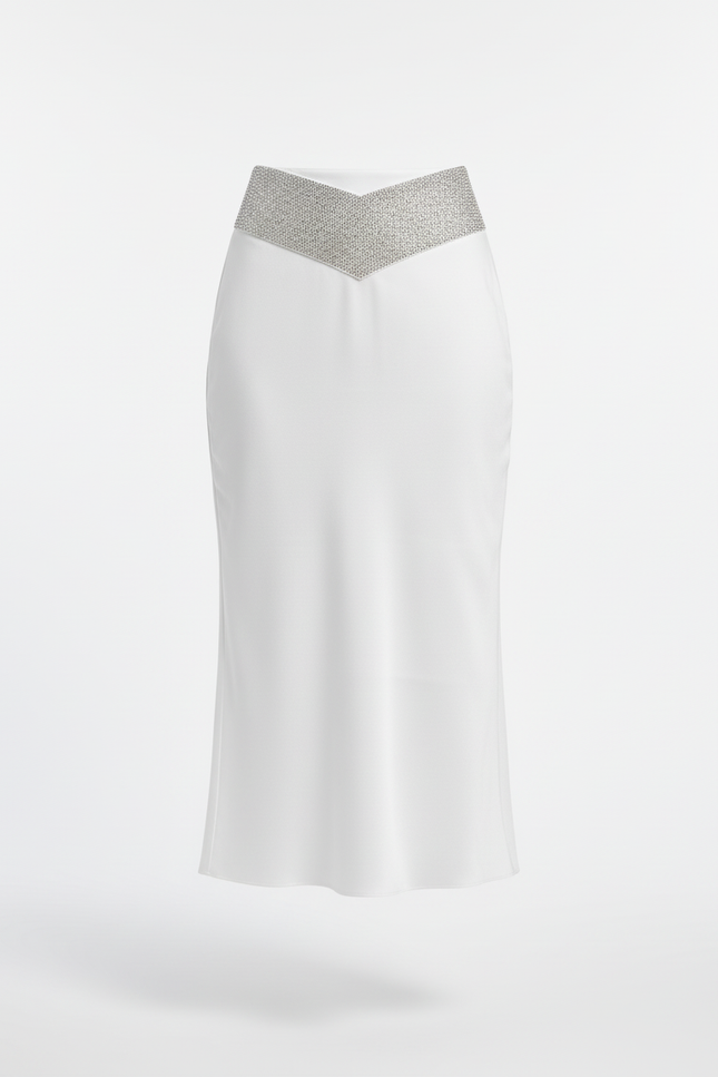 Jupe Crayon Blanche Taille Strass Élégante