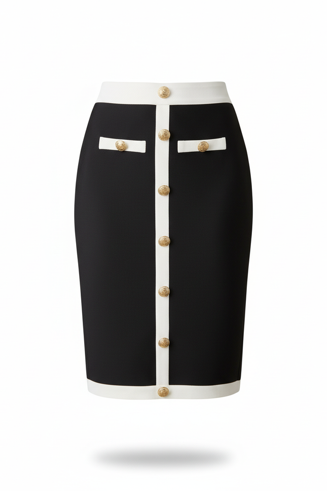 Jupe Crayon Noire Bicolore Boutons Dorés Élégante