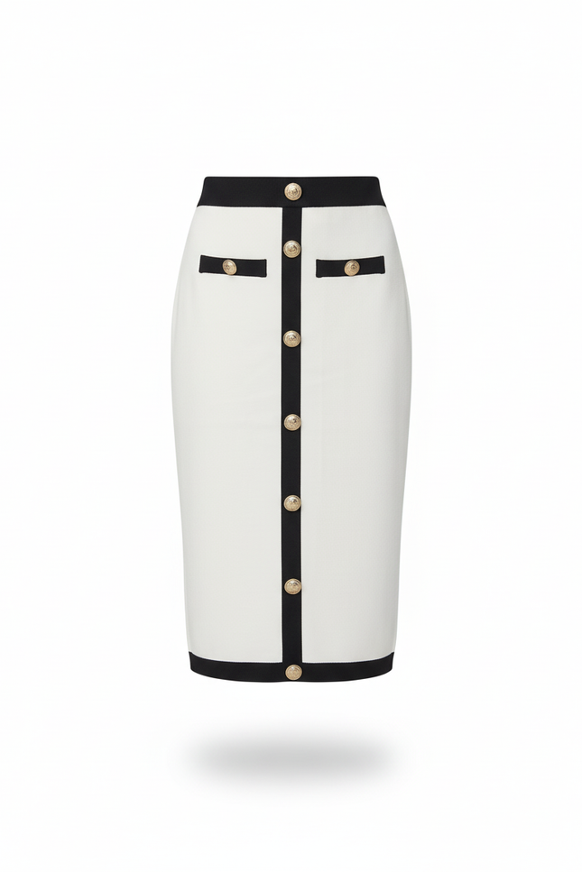 Jupe Crayon Bicolore Boutons Dorés Élégante