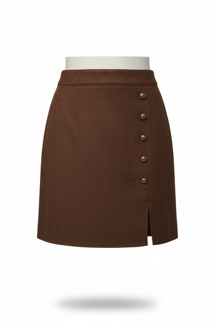 Jupe Crayon Marron Boutons Chic