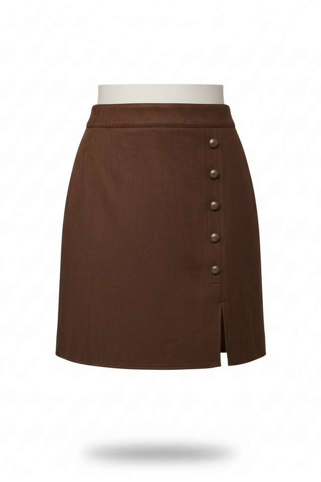 Jupe Crayon Marron Boutons Chic