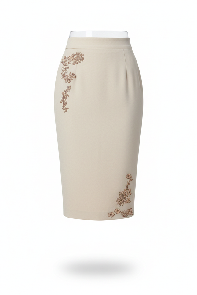 Jupe Crayon Beige Broderie Élégante