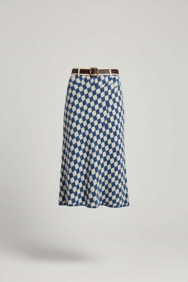 Jupe Crayon Tricotée Damier Bleu Chic
