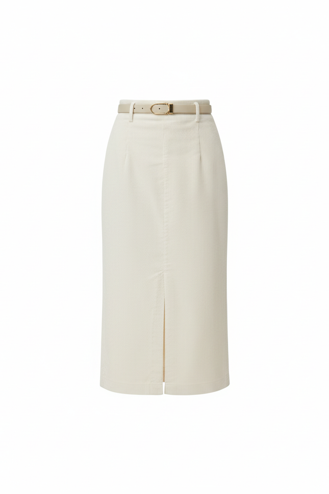 Jupe Crayon Crème Velours Côtelé Élégante