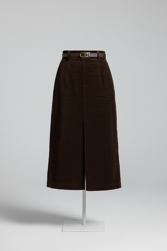 Jupe Crayon Marron Côtelée Élégante